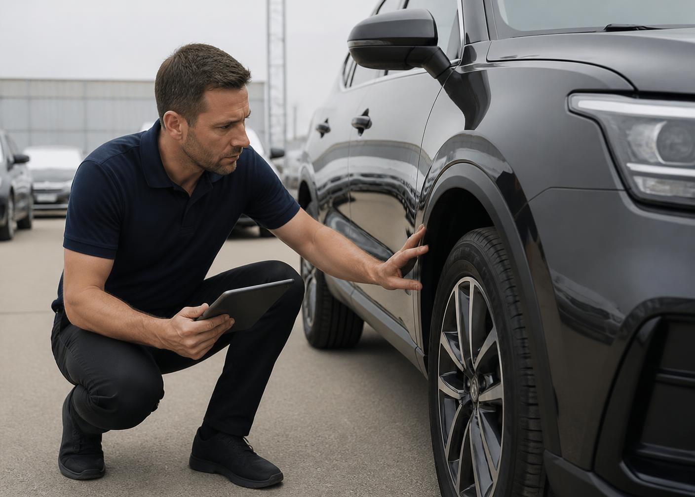 Professional buyer inspecting the wheel and bodywork of an SUV