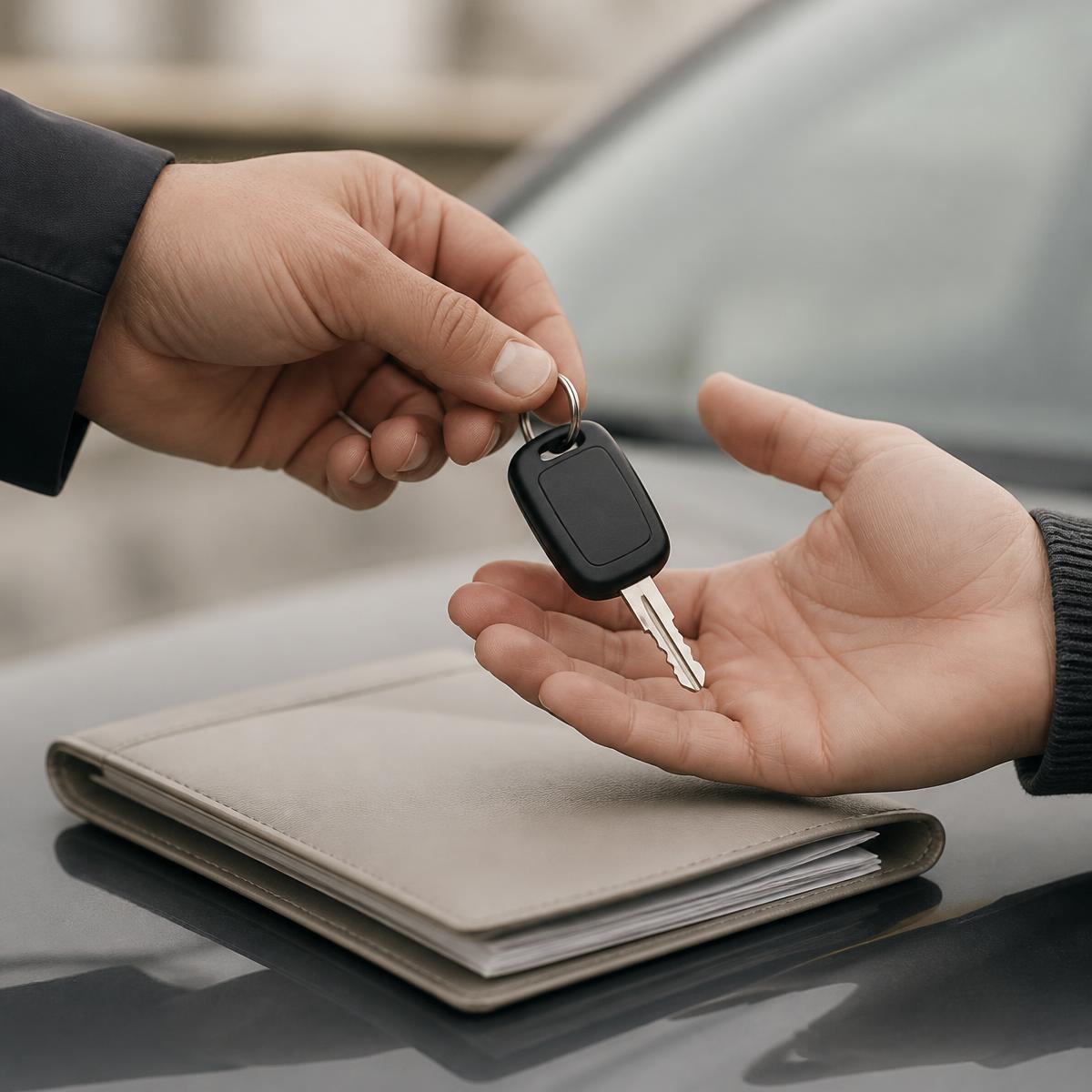 Car key being handed over above a folder of vehicle documents